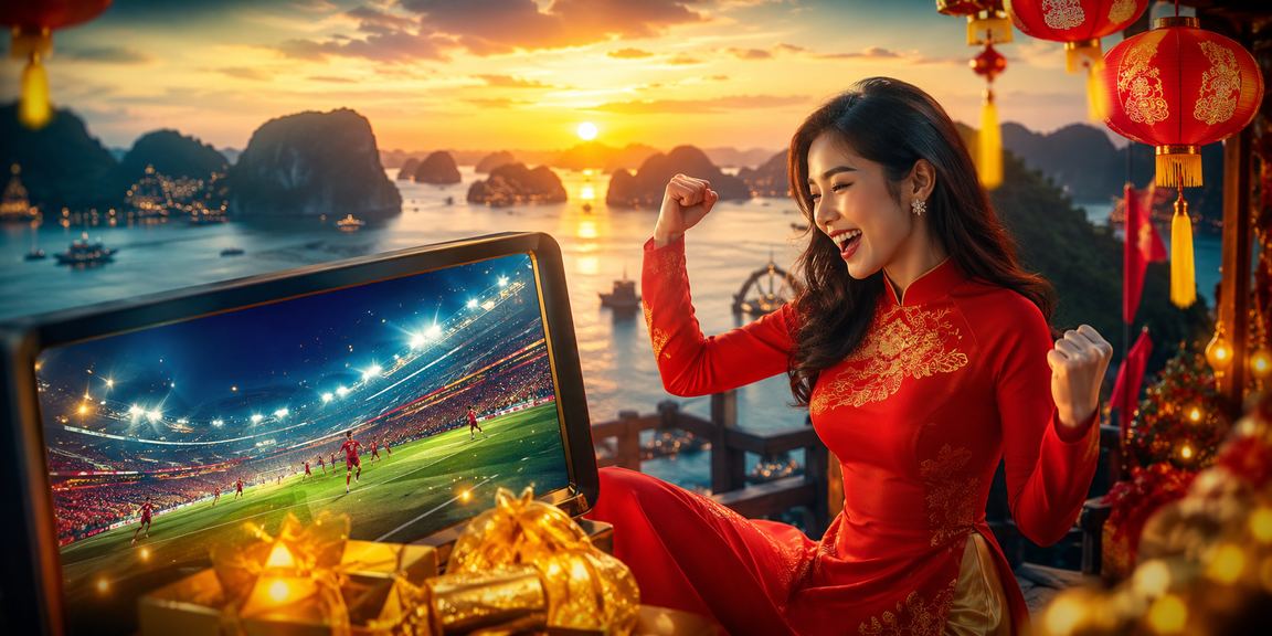 Người phụ nữ mặc áo dài đứng trên thuyền tại Vịnh Hạ Long, đăng ký tài khoản nhận thưởng qua điện thoại